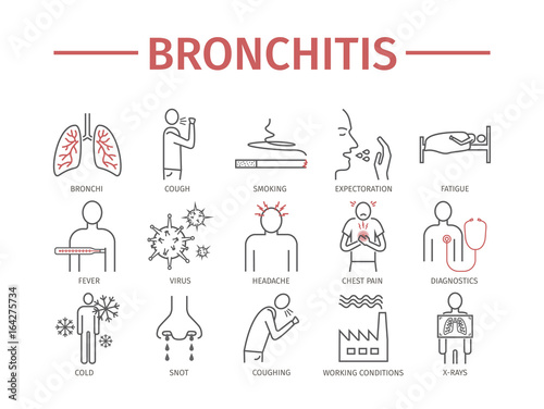 Bronchitis. Symptoms, Treatment. Line icons set. Vector signs
