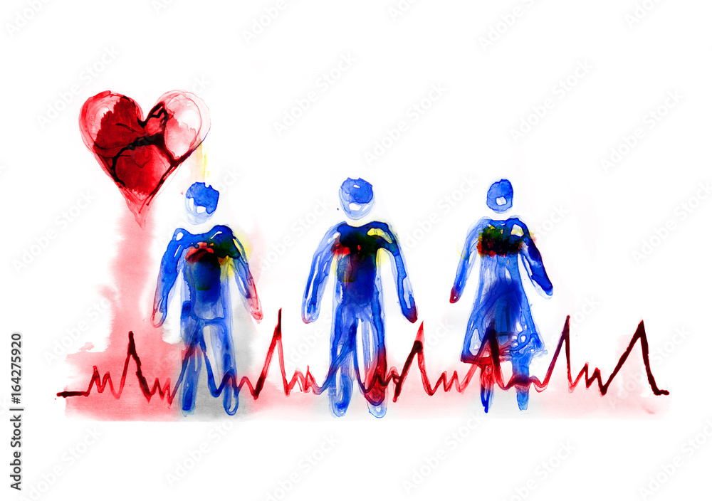 Obraz premium Abstract people made of beautiful watercolour effects. Heart symbol and puls trace line. Medical and health concept background. Watercolour textured collection.