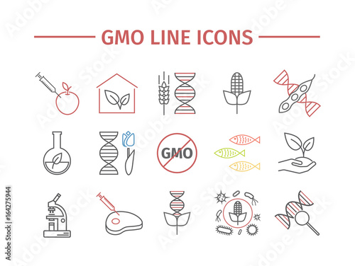 GMO. Genetically modified organism. Line icons set. Vector signs