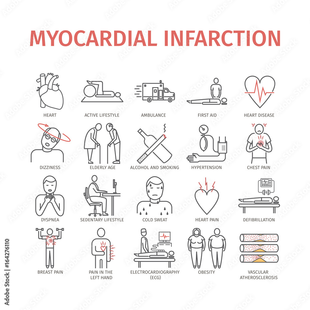 Myocardial infarction line icon. Symptoms, Treatment. Myocardial infarction line icon. Symptoms, Treatment.