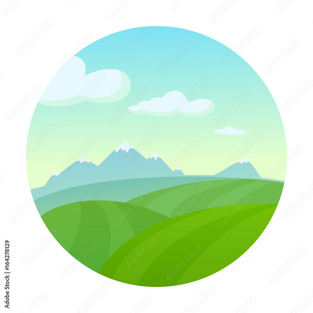 Rural landscape in round frame. Vector illustration in cartoon style