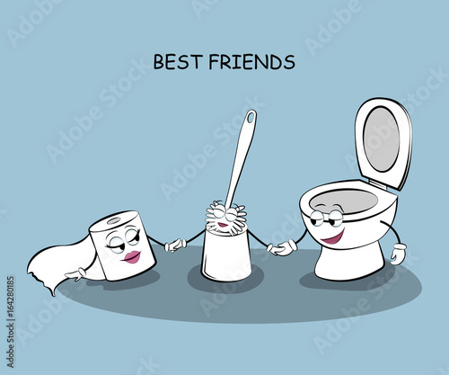 Best friends. Cute picture of a toilet and toilet paper and a toilet brush. Vector illustration.