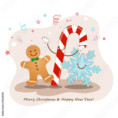 Merry Christmas and happy new year. Vector illustration. Cute picture of a Christmas cookies, snowflakes and candy. Funny greeting card with Christmas and New Year.