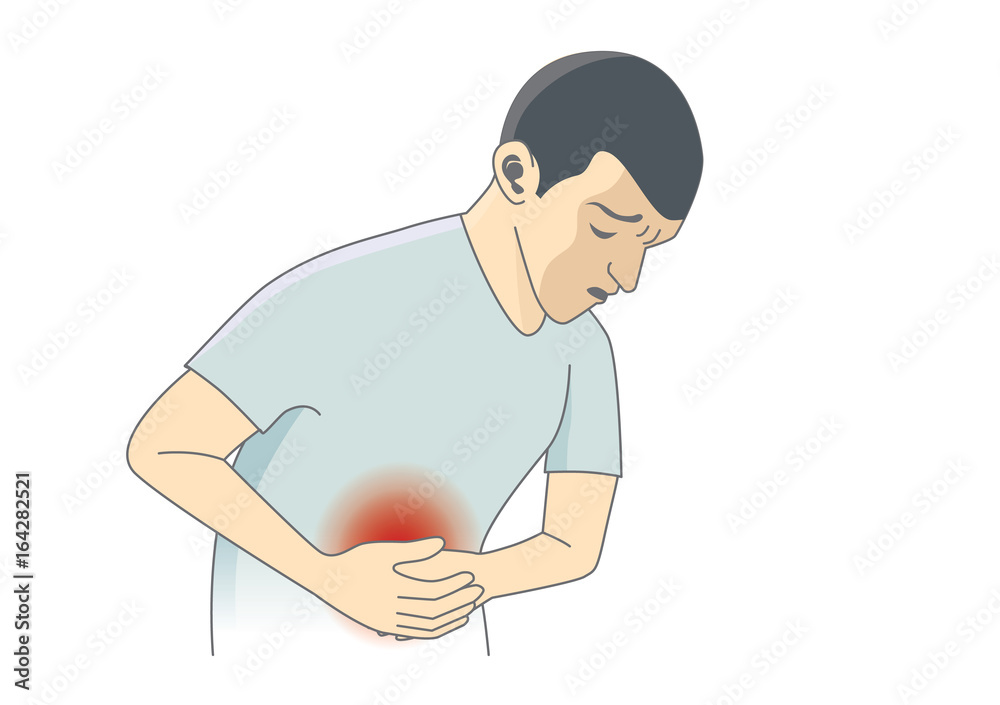 Man have stomach ache symptom. Illustration about Digestive Diseases.