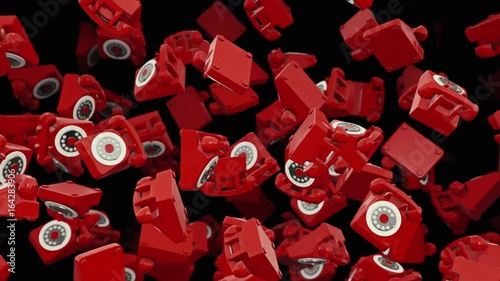 Looping 3d animation of retro red rotary phones floating in space and slowly rotating against a dark background.
