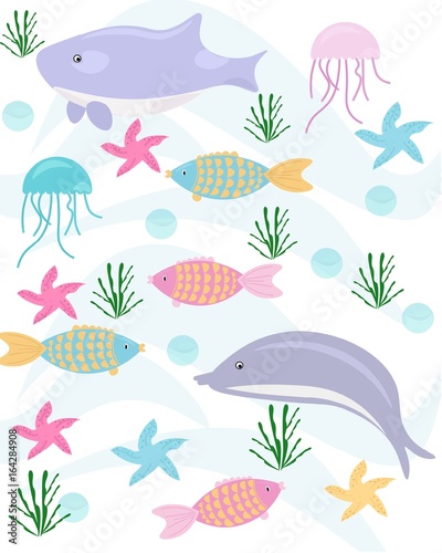 Fish pattern colorful background. Sea concept Vector illustration