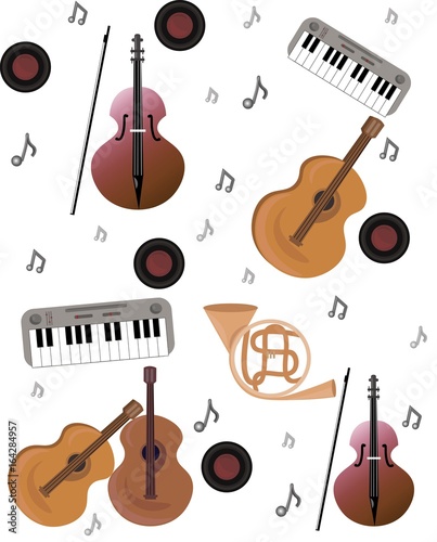 Music pattern Vector background. Earphones sign melody pattern. Teenage rock background textures  musical hand drawn doodle style. Guitar with wings  stereo  record. Studio sound