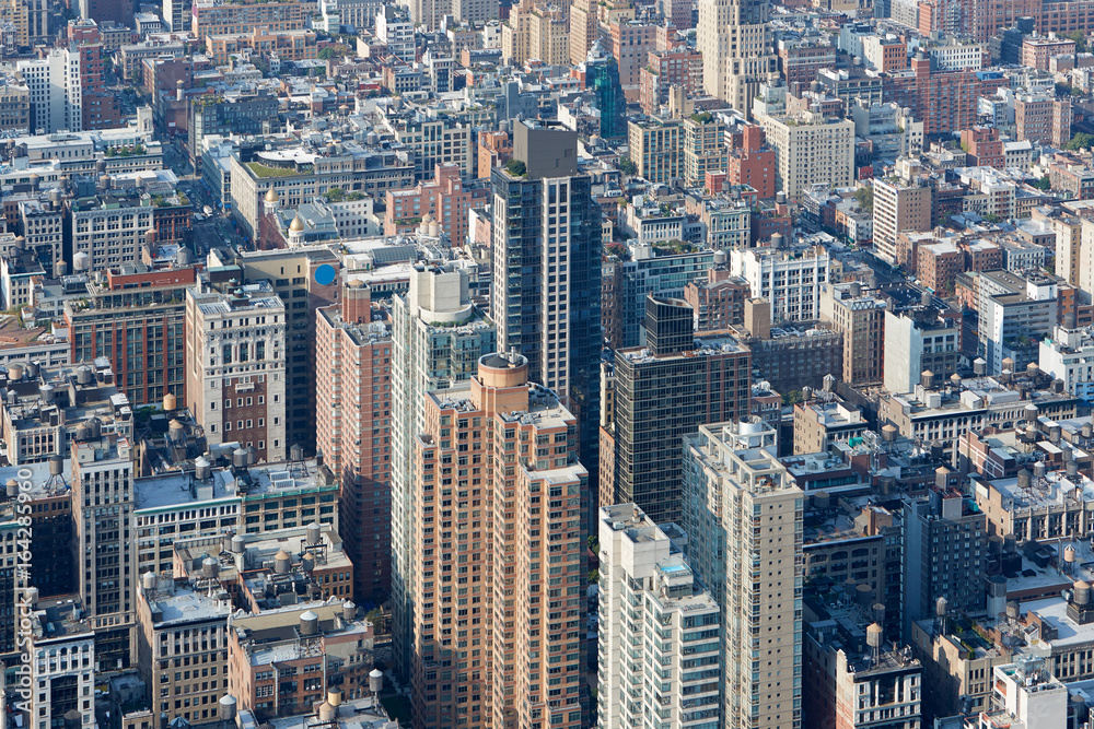 New York City Manhattan skyline aerial view with buildings and streets