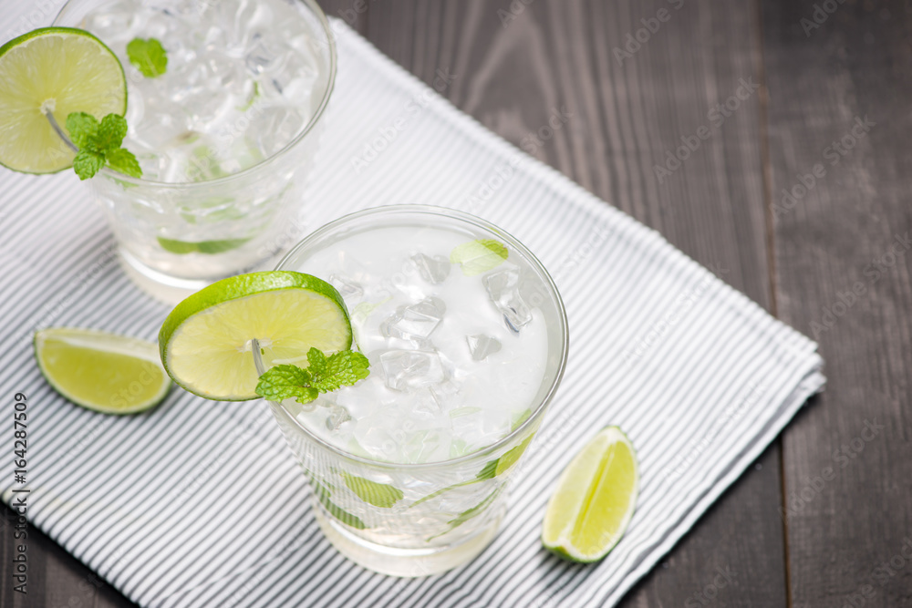 Fresh cocktail with lime, ice and mint on a rustic background. Copy space, top view Fresh cocktail with lime, ice and mint on a rustic background. Copy space, top view