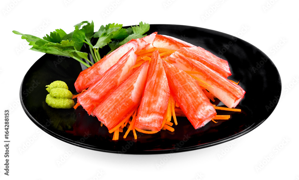 Decorate crab stick in white plate Japanese food on white background Decorate crab stick in white plate Japanese food on white background