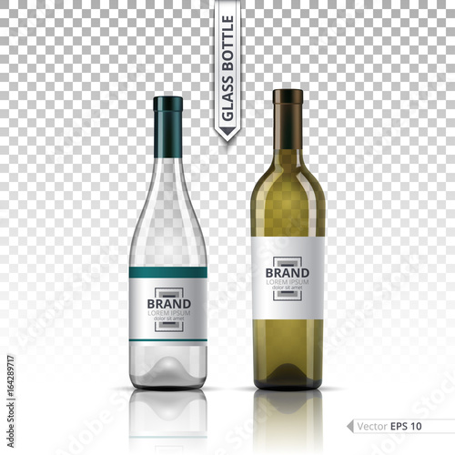 White wine and brandy or liquor bottles isolated on transparent background. Vector 3d detailed mock up set illustration