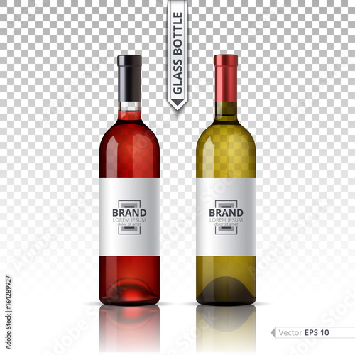White and red wine bottles isolated on transparent background. Vector 3d detailed mock up set illustration
