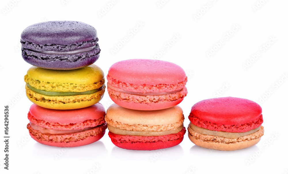Sweet and colourful french macaroons or macaron on white background Sweet and colourful french macaroons or macaron on white background