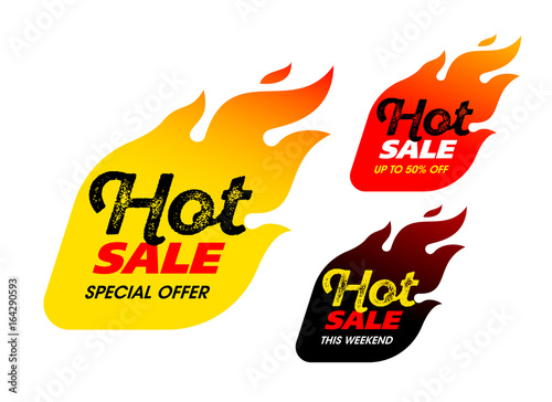 Hot Sale labels, stickers. This weekend special offer, big sale, discount up to 50% off
