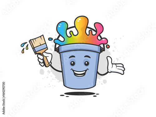 Paint bucket mascot happy smiling and holding paintbrush vector illustration