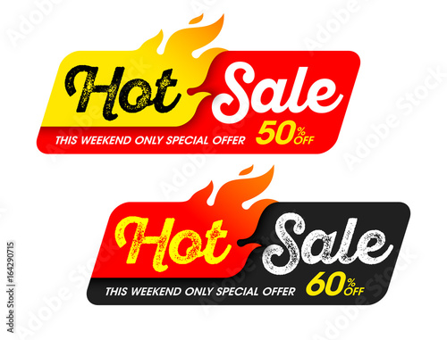 Hot Sale banner. This weekend special offer, big sale, discount up to 50% off photo