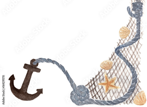 Watercolor texture. anchor rope, shell and starfish caught in the net on white background-nautical elements with place for text