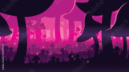 A high quality horizontal seamless background of landscape with deep mushroom forest.