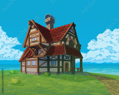 A high quality background - vector rural house. Old European mansion on hill. 