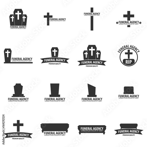 Set of Funeral home undertaking ceremonial service. Funeral agency. Vector logos and emblems.