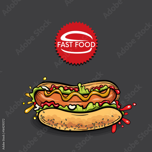 Beautiful realistic hot dog. Vector illustration for a logo, menu or corporate identity design of a cafe or restaurant. Fast food.