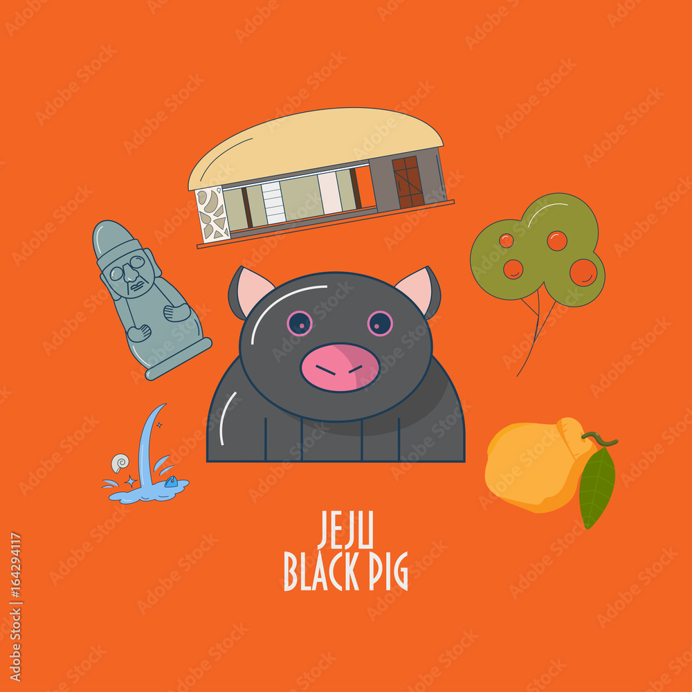 Vector Illustration for Jeju-do island promotion: Jeju Black pig, Harubang  or stone grandfather statue, traditional house, hallabong orange fruit.  Great as illustration for children, menu element. Stock Vector | Adobe Stock