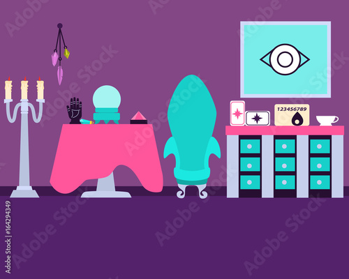 Magic Room fortune teller. Fantasy interior. Vector illustration