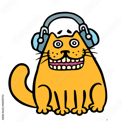 Cheerful orange cat in headphones слушает музыку. Vector illustration.