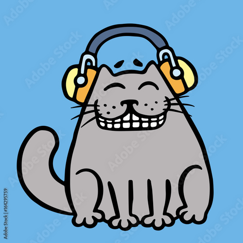 Cute grey cat in headphones слушает музыку. Vector illustration.