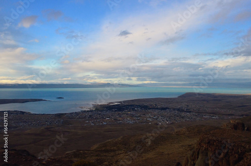 El Calafate top view. Evening sunset nature landscape magic dreamy cloud on the sky in Patagonia