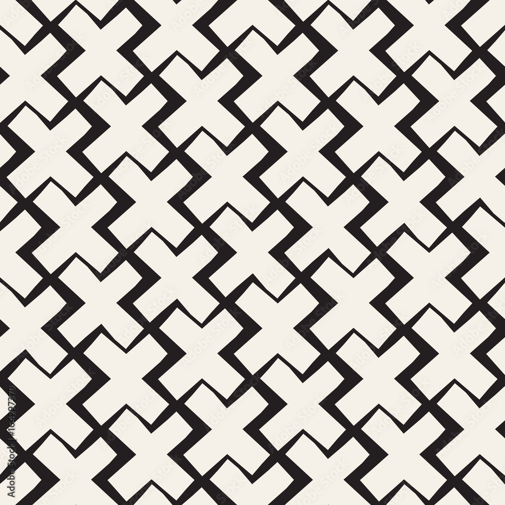 Vector Seamless Black And White Lines Pattern Abstract Background. Cross Shapes Geometric Tiling Ornament.