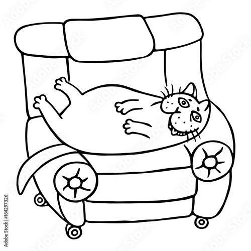A lazy fat cat is lying on a armchair. Funny cartoon cool character. Isolated vector illustration. White color background.