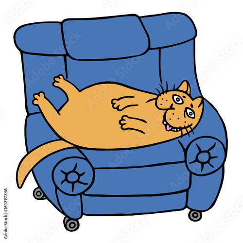 Cute lazy orange fat cat is lying on a armchair. Isolated vector illustration.