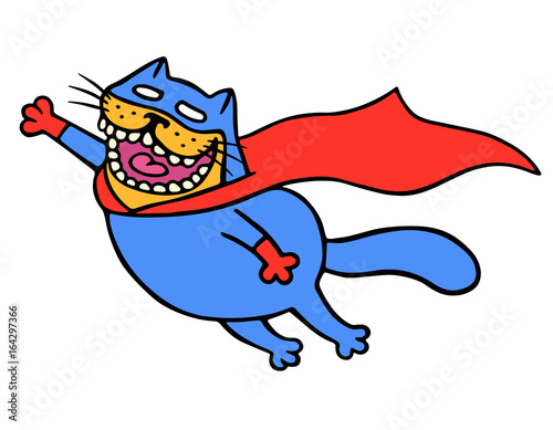 Cute super cat in a raincoat is flying to save the world. Isolated vector illustration.