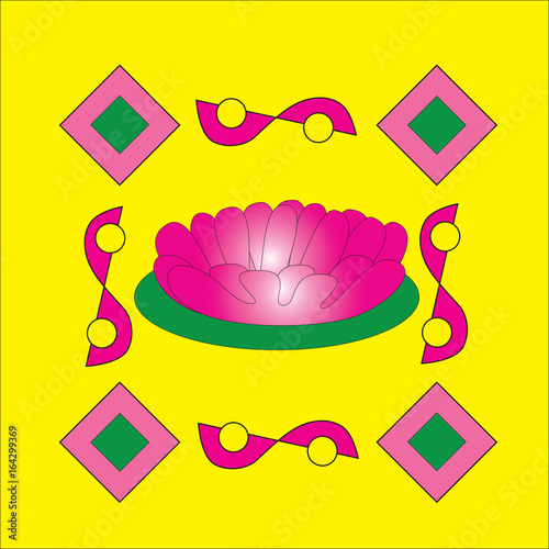 A variety of geometric patterns on a yellow background.