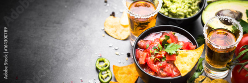 Latinamerican food party sauce guacamole, salsa, chips and tequila. Long banner format.