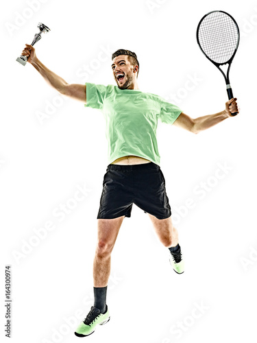one caucasian  man playing tennis player isolated on white background