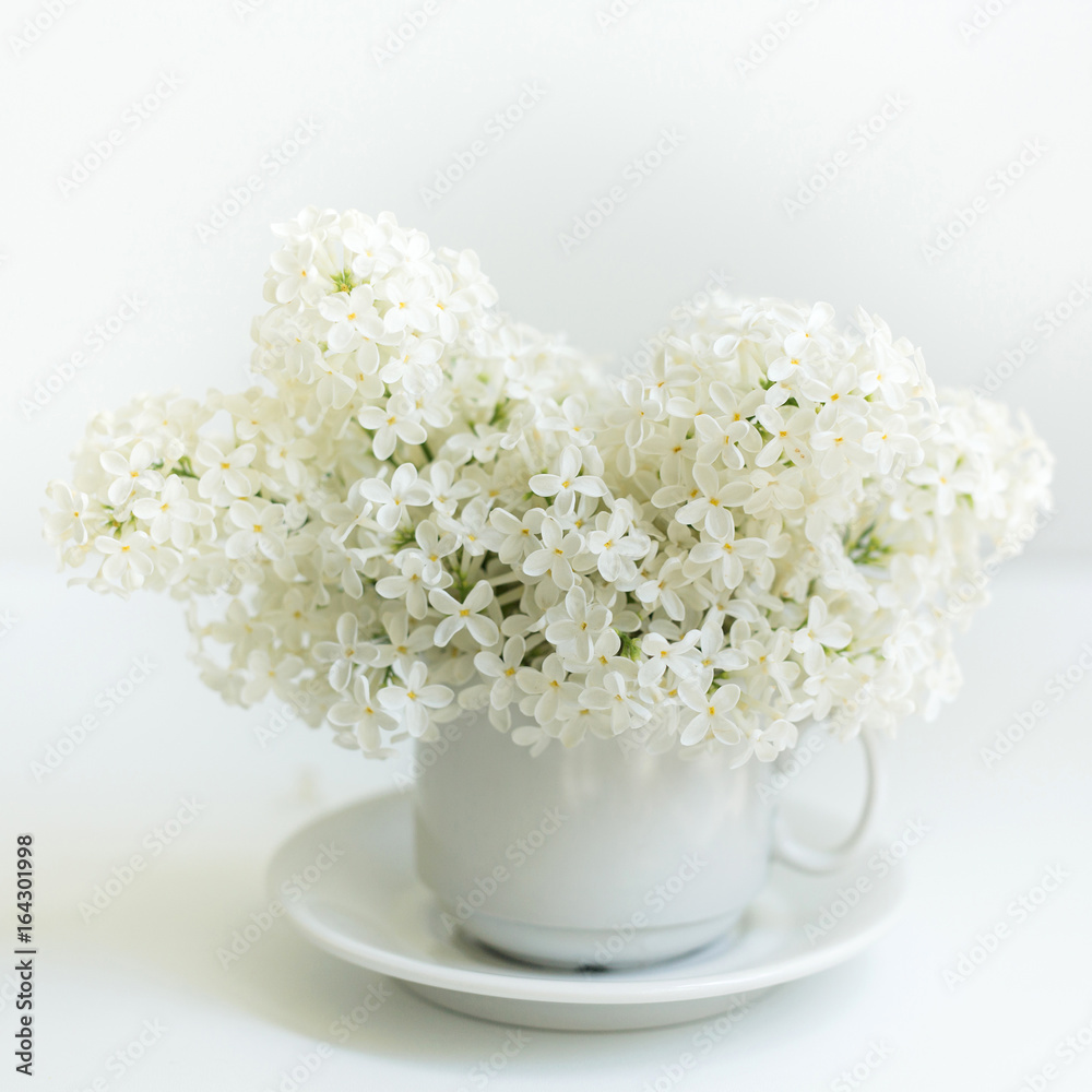 Cup with lilac on white background Cup with lilac on white background
