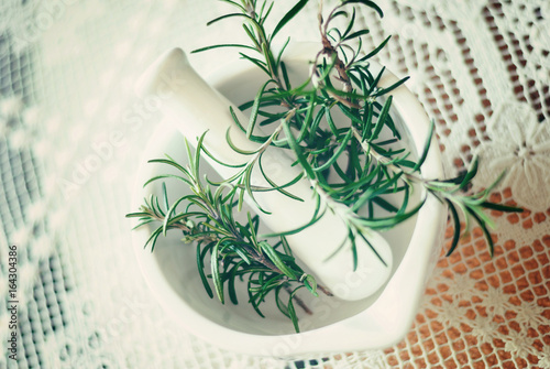 Rosemary in a mortar for cooking food