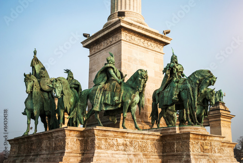 Heroes Square in Budapest, details of statues and monuments in the square