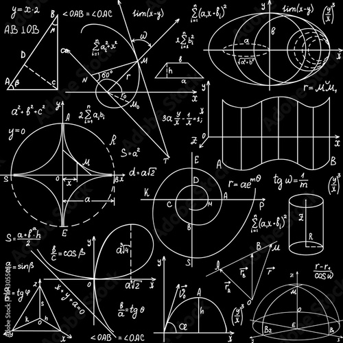 Math educational vector seamless pattern with handwritten formulas and calculations, geometrical hand drawn figures. You can use any color of background