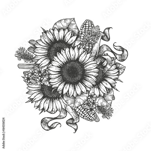 Sunflower bouquet. Sunflower and farm elements round composition. Vector illustration