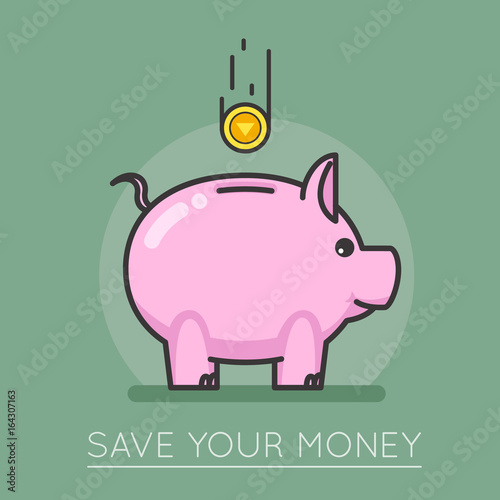 Money saving bank coin pig concept lineart design vector illustration