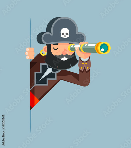 Pirate Buccaneer Filibuster Corsair Sea Dog Spyglass Telescope Spy Look Out Corner Idea Search Discovery Concept Supervision Cartoon Character Solution Flat Design Vector Illustration