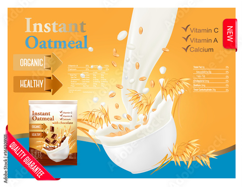 Instant oatmeal advert concept. Milk flowing into a bowl with oat grain. Vector.