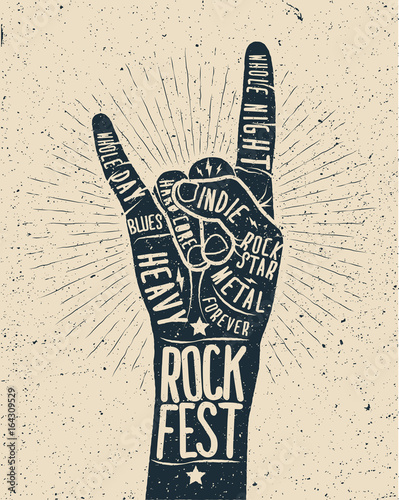 Rock Festival poster. Rock and roll hand sign.