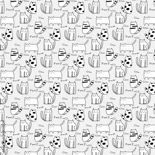 Cute Cat Hand Drawn Vector Pattern.