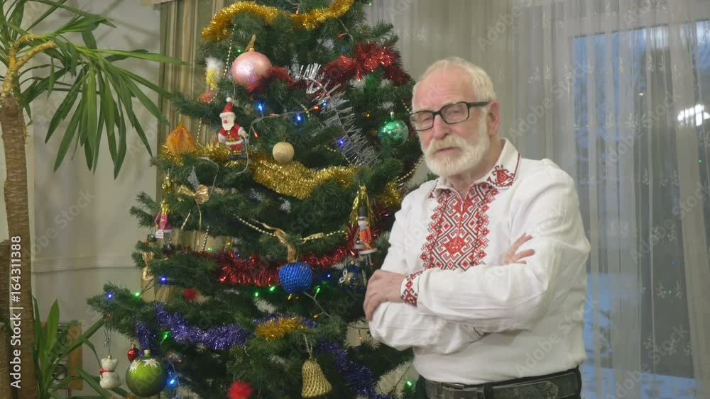 Portrait of old grandfather near the Christmas tree Portrait of old grandfather near the Christmas tree