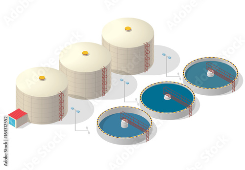 Water treatment isometric building info graphic, big bacterium purifier factory on white background. Scientific illustration. Pictogram industrial chemistry cleaner set. Flatten isolated master vector