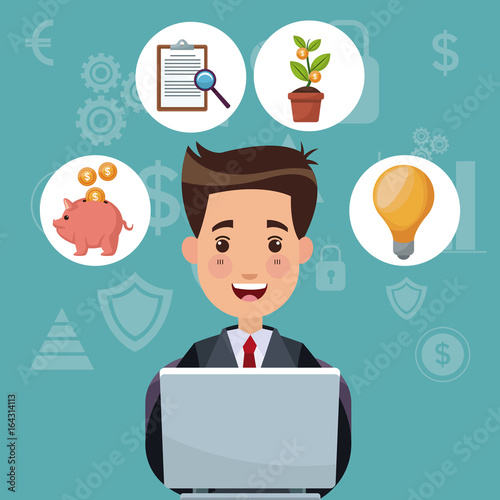 color background analytics investment with bussiness man work in laptop and bubbles icons economy